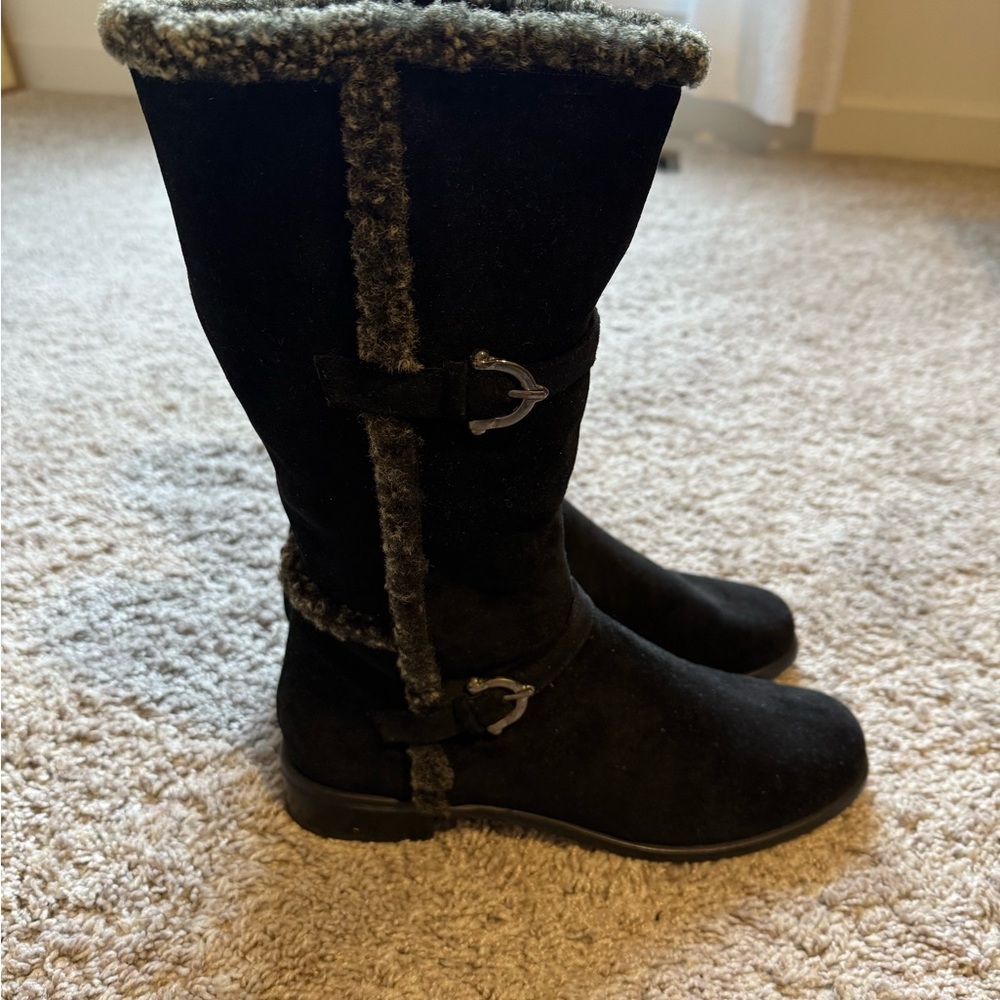 Stuart Weitzman Black Suede Shearling-Trim Winter Boots